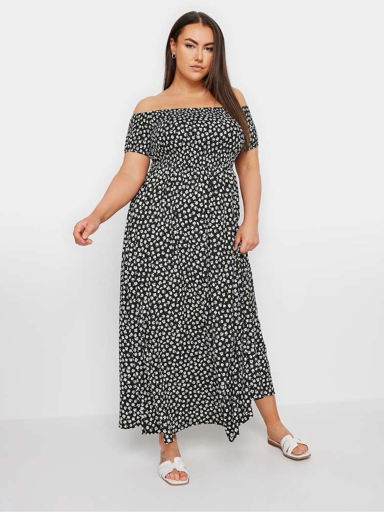 Yours Curve Black Floral Print Bardot Midaxi Dress - Image 2 of 5
