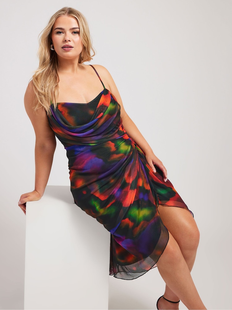 Yours Curve Black Mesh Gather Tulip Dress - Image 1 of 5