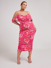 Yours Curve Pink Cold Shoulder Cowl Gather Mesh Dress - Image 1 of 6