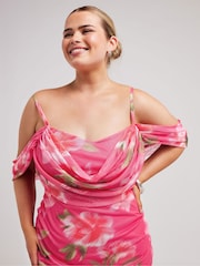 Yours Curve Pink Cold Shoulder Cowl Gather Mesh Dress - Image 2 of 6