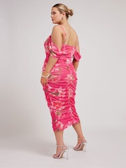 Yours Curve Pink Cold Shoulder Cowl Gather Mesh Dress - Image 3 of 6