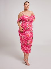 Yours Curve Pink Cold Shoulder Cowl Gather Mesh Dress - Image 4 of 6