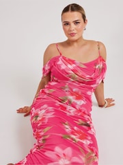 Yours Curve Pink Cold Shoulder Cowl Gather Mesh Dress - Image 5 of 6