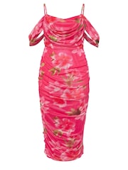 Yours Curve Pink Cold Shoulder Cowl Gather Mesh Dress - Image 6 of 6
