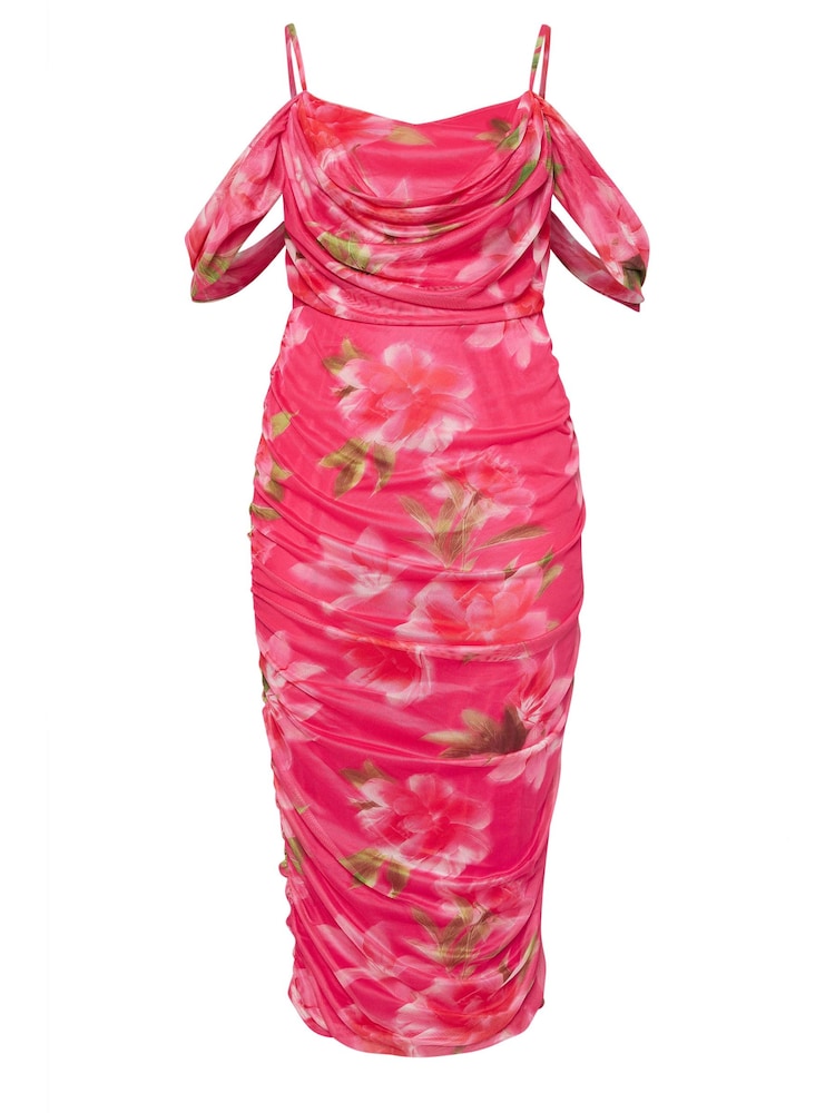 Yours Curve Pink Cold Shoulder Cowl Gather Mesh Dress - Image 6 of 6