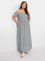 Yours Curve Blue Dark Ditsy Shirred Midaxi Dress - Image 1 of 5