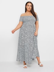 Yours Curve Blue Dark Ditsy Shirred Midaxi Dress - Image 2 of 5