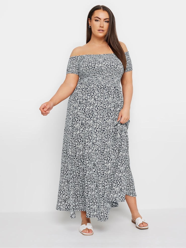 Yours Curve Blue Dark Ditsy Shirred Midaxi Dress - Image 2 of 5