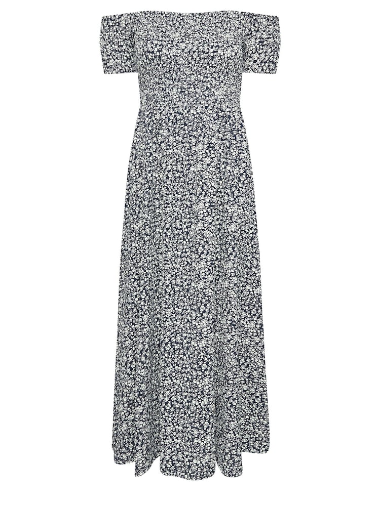 Yours Curve Blue Dark Ditsy Shirred Midaxi Dress - Image 5 of 5