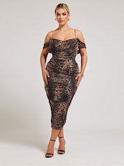 Yours Curve Black Cold Shoulder Cowl Gather Mesh Dress - Image 1 of 6