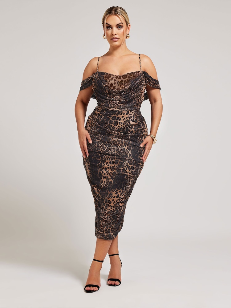 Yours Curve Black Cold Shoulder Cowl Gather Mesh Dress - Image 1 of 6