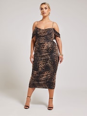 Yours Curve Black Cold Shoulder Cowl Gather Mesh Dress - Image 2 of 6