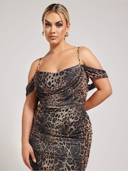 Yours Curve Black Cold Shoulder Cowl Gather Mesh Dress - Image 4 of 6