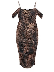 Yours Curve Black Cold Shoulder Cowl Gather Mesh Dress - Image 6 of 6