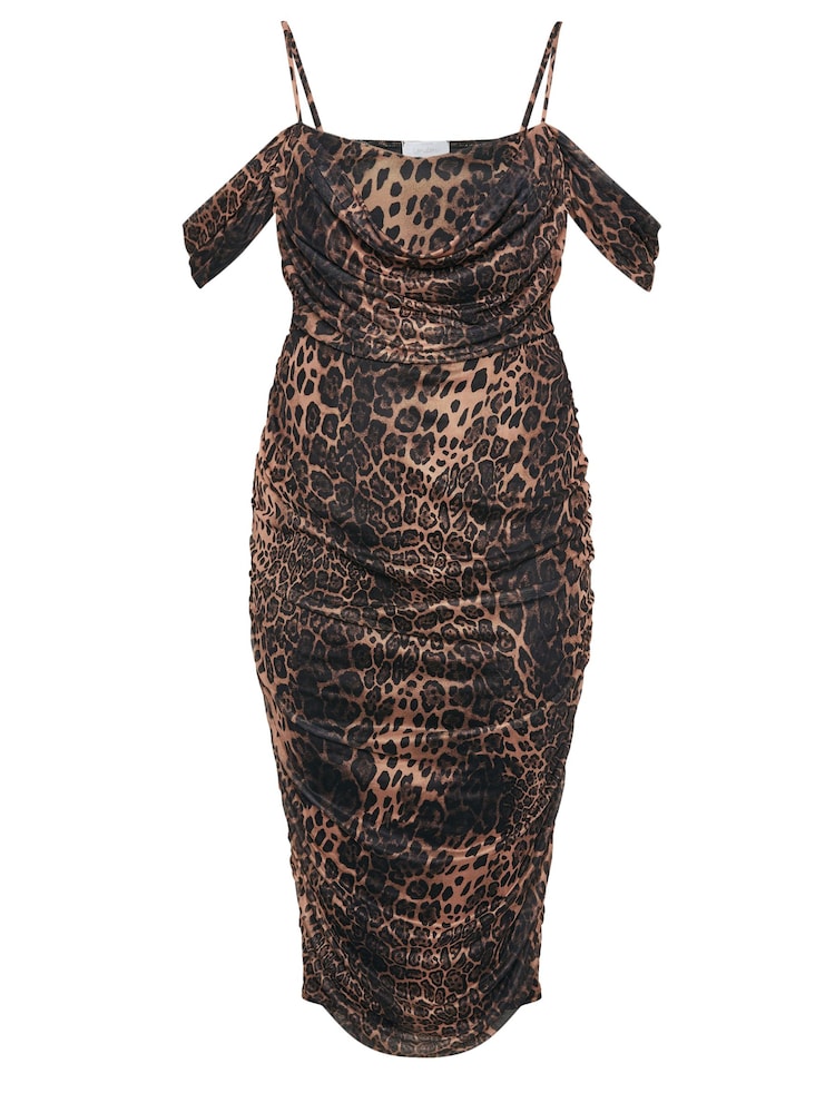 Yours Curve Black Cold Shoulder Cowl Gather Mesh Dress - Image 6 of 6