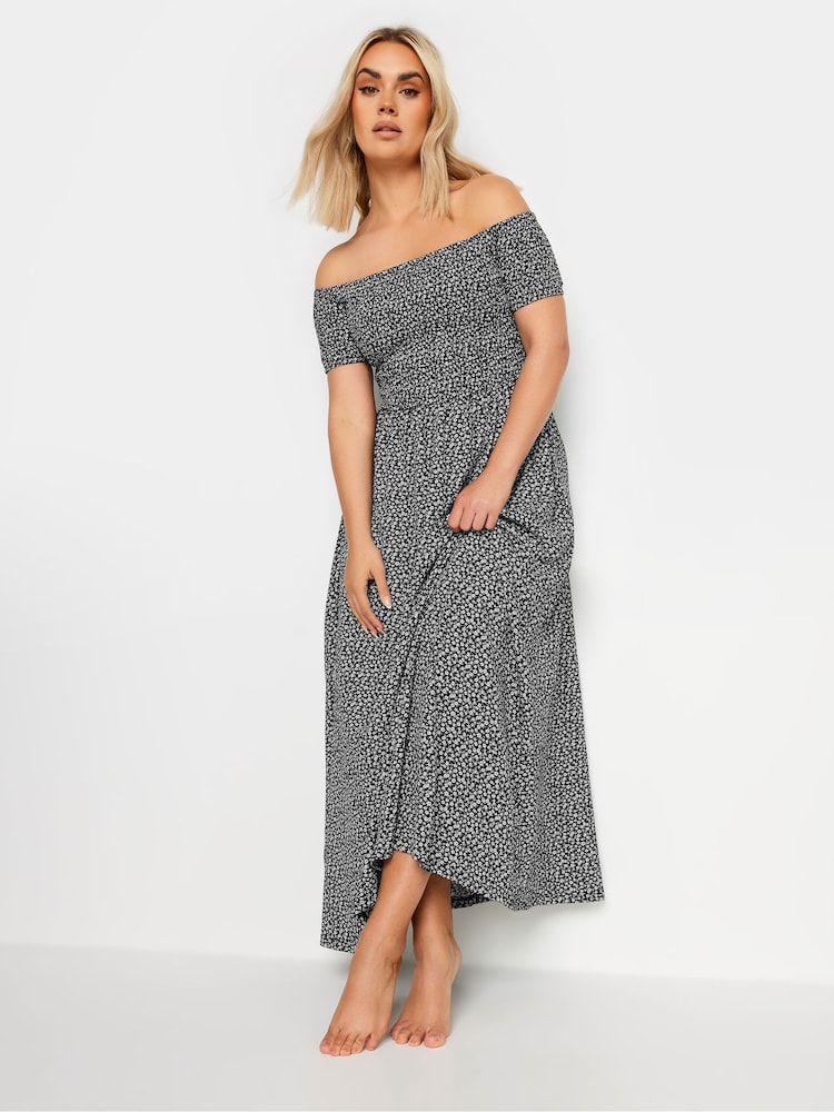 Yours Curve Black Denim Ditsy Shirred Midaxi Dress - Image 1 of 6