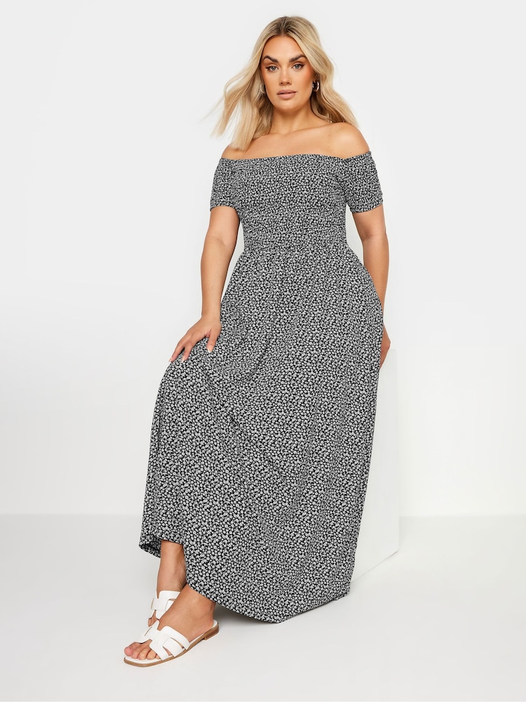 Yours Curve Black Denim Ditsy Shirred Midaxi Dress - Image 2 of 6
