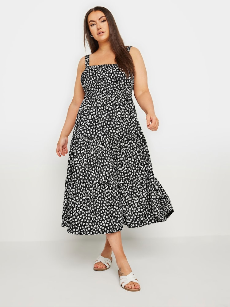 Yours Curve Black Floral Print Textured Midaxi Dress - Image 1 of 4 Yours Curve Black Floral Print Textured Midaxi Dress - Image 1 of 4