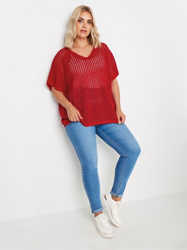 Yours Curve Red Crochet Short Sleeve Top - Image 1 of 5 Yours Curve Red Crochet Short Sleeve Top - Image 1 of 5