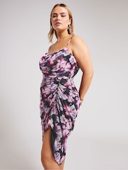Yours Curve Black Floral Mesh Gathered Tulip Dress - Image 1 of 6