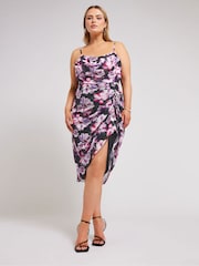 Yours Curve Black Floral Mesh Gathered Tulip Dress - Image 2 of 6