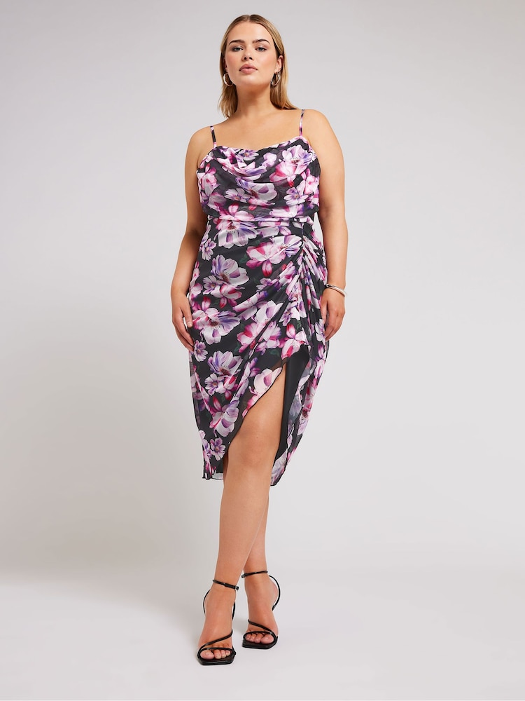 Yours Curve Black Floral Mesh Gathered Tulip Dress - Image 2 of 6