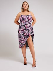 Yours Curve Black Floral Mesh Gathered Tulip Dress - Image 3 of 6