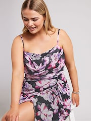 Yours Curve Black Floral Mesh Gathered Tulip Dress - Image 5 of 6