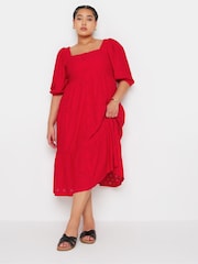 Yours Curve Red Anglaise Shirred Button Front Dress - Image 2 of 6