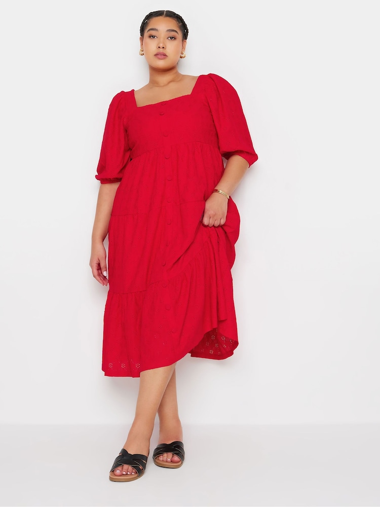 Yours Curve Red Anglaise Shirred Button Front Dress - Image 2 of 6