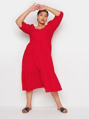 Yours Curve Red Anglaise Shirred Button Front Dress - Image 3 of 6