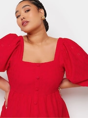 Yours Curve Red Anglaise Shirred Button Front Dress - Image 5 of 6