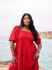 Vermelho - Yours Curve Anglaise com botões frontais franzidos Dress - Imagem 6 de 7