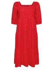 Yours Curve Red Anglaise Shirred Button Front Dress - Image 6 of 6
