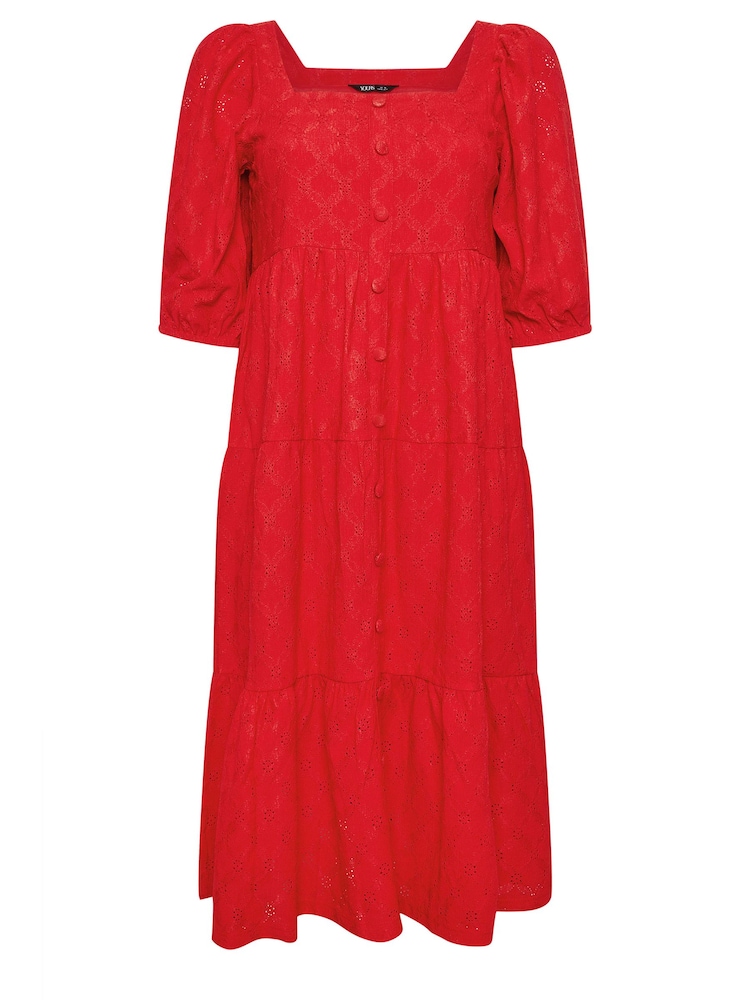 Yours Curve Red Anglaise Shirred Button Front Dress - Image 6 of 6