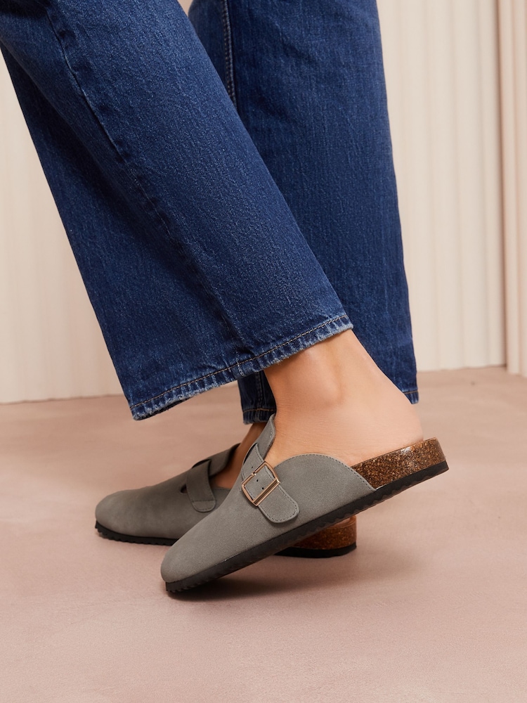 Friends Like These Grey Buckle Faux Suede Comfort Footbed Clog - Image 4 of 4 Friends Like These Grey Buckle Faux Suede Comfort Footbed Clog - Image 4 of 4