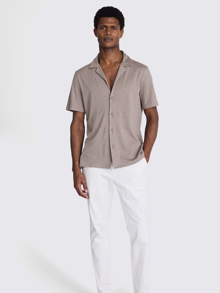 MOSS Dark Taupe Linen Blend Knitted Cuban Collar Shirt - Image 1 of 3 MOSS Dark Taupe Linen Blend Knitted Cuban Collar Shirt - Image 1 of 3