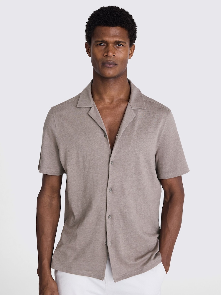 MOSS Dark Taupe Linen Blend Knitted Cuban Collar Shirt - Image 2 of 3 MOSS Dark Taupe Linen Blend Knitted Cuban Collar Shirt - Image 2 of 3