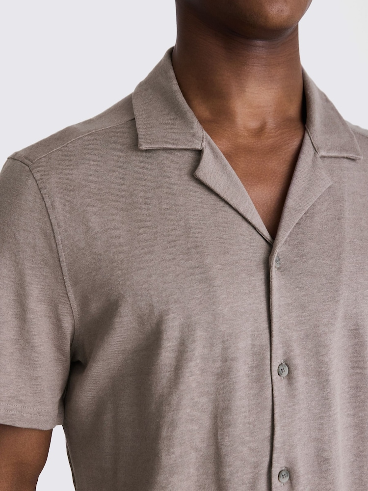 MOSS Dark Taupe Linen Blend Knitted Cuban Collar Shirt - Image 3 of 3 MOSS Dark Taupe Linen Blend Knitted Cuban Collar Shirt - Image 3 of 3