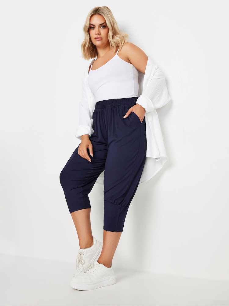 Yours Curve Blue Ruched Harem Trousers - Image 1 of 5