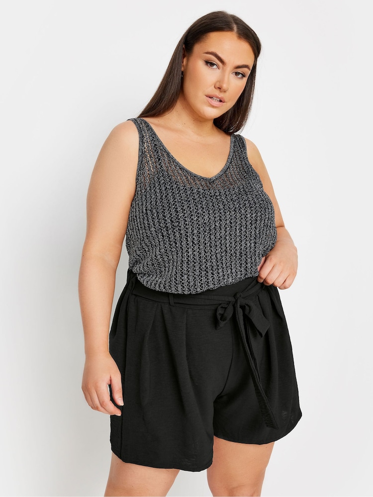 Yours Curve Black Hammered Satin Belted Shorts - Image 1 of 5