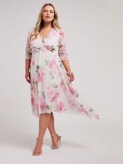 Yours Curve Pink Floral Wrap Mesh Hanky Hem Dress - Image 1 of 5