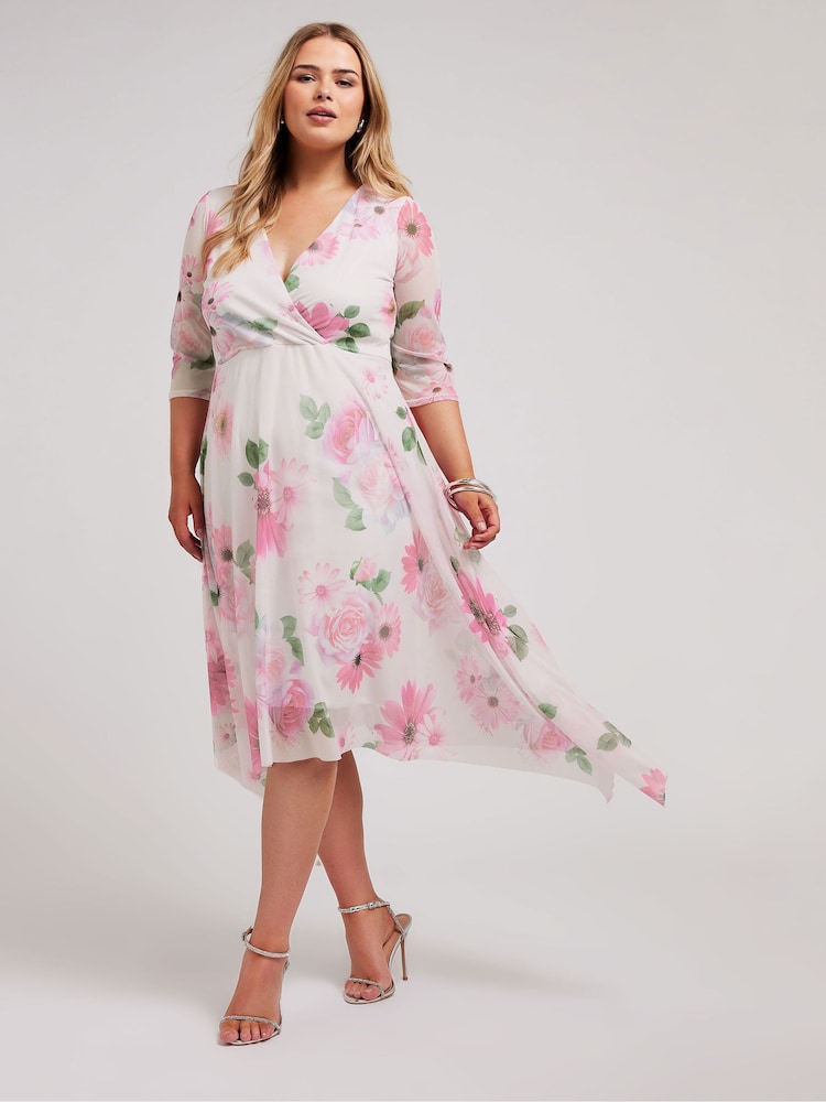 Yours Curve Pink Floral Wrap Mesh Hanky Hem Dress - Image 1 of 5