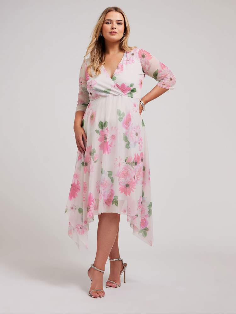 Yours Curve Pink Floral Wrap Mesh Hanky Hem Dress - Image 2 of 5
