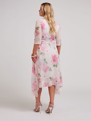 Yours Curve Pink Floral Wrap Mesh Hanky Hem Dress - Image 3 of 5