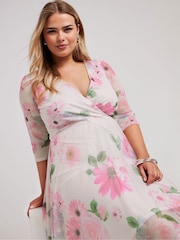 Yours Curve Pink Floral Wrap Mesh Hanky Hem Dress - Image 4 of 5