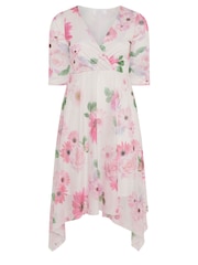 Yours Curve Pink Floral Wrap Mesh Hanky Hem Dress - Image 5 of 5