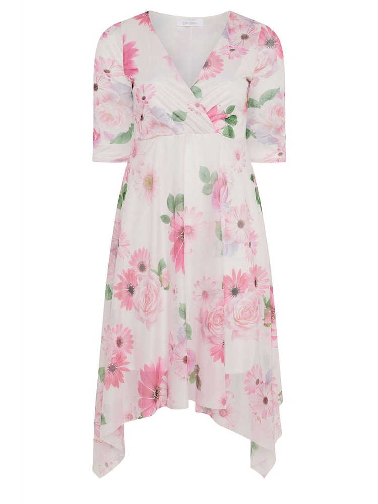 Yours Curve Pink Floral Wrap Mesh Hanky Hem Dress - Image 5 of 5
