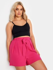 Yours Curve Pink Belted Textured Satin Shorts - Image 1 of 5