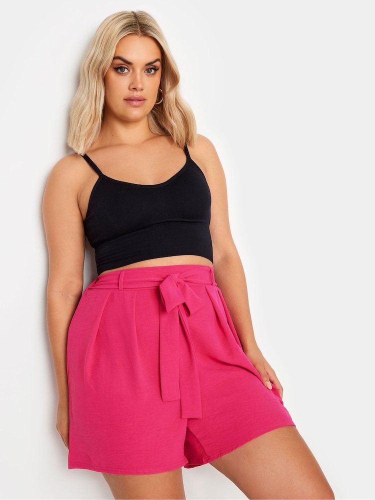 Yours Curve Pink Belted Textured Satin Shorts - Image 1 of 5